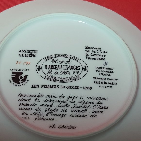 VTG 1976 D’Arceau Limoges Collectors Plate Scarlet En Crinoline La Femme inacces - Picture 7 of 10